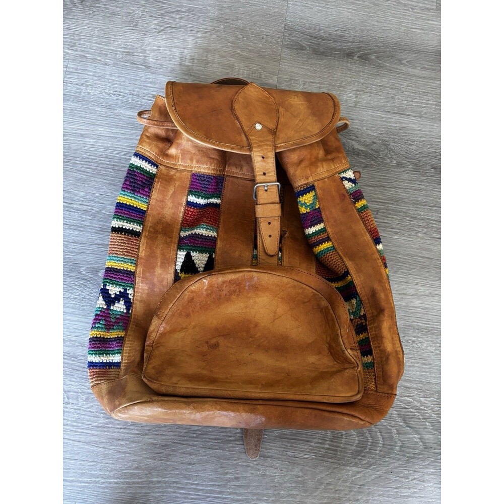 Vtg Leather Woven Tribal Boho Festival Fabric Guatemalan Backpack Rainbow Colors